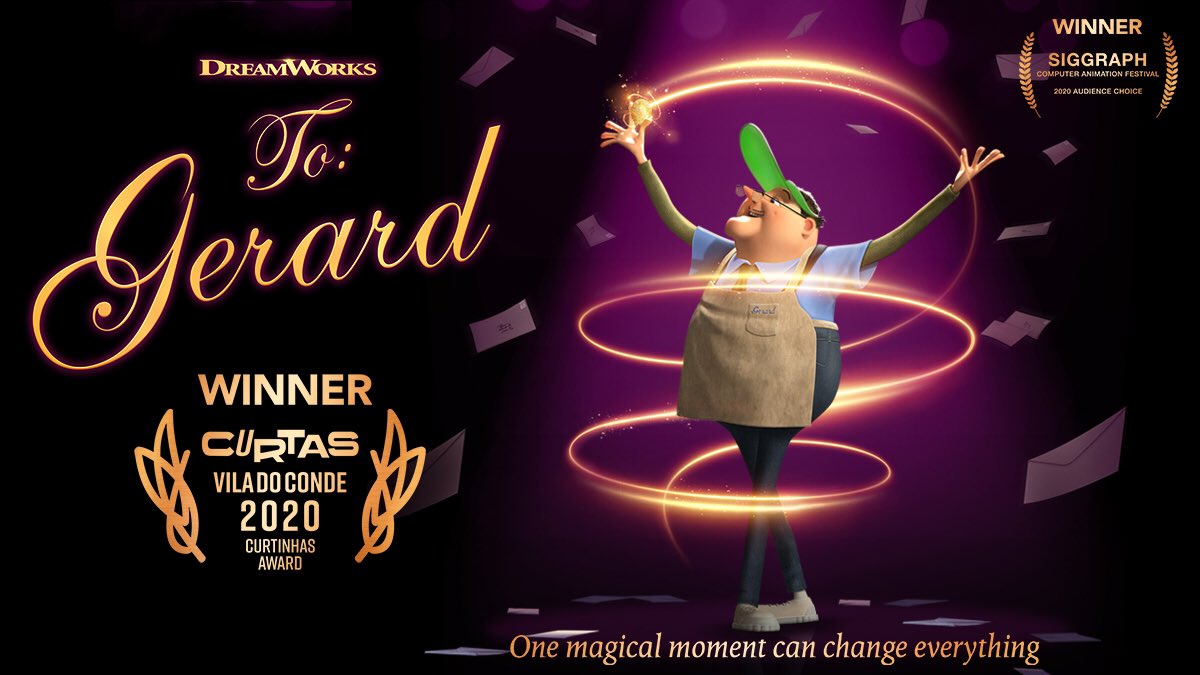 Dreamworks's tweet photo. DreamWorks would like to thank the Curtis Vila do Conde Festival in Portugal for awarding the Curtinhas Award to our animated short film "To: Gerard"

Congratulations to director Taylor Meacham, producer Jeff Hermann and the entire crew!

#ToGerard #shortfilm #animation https://t.co/CAP5W02PSQ
