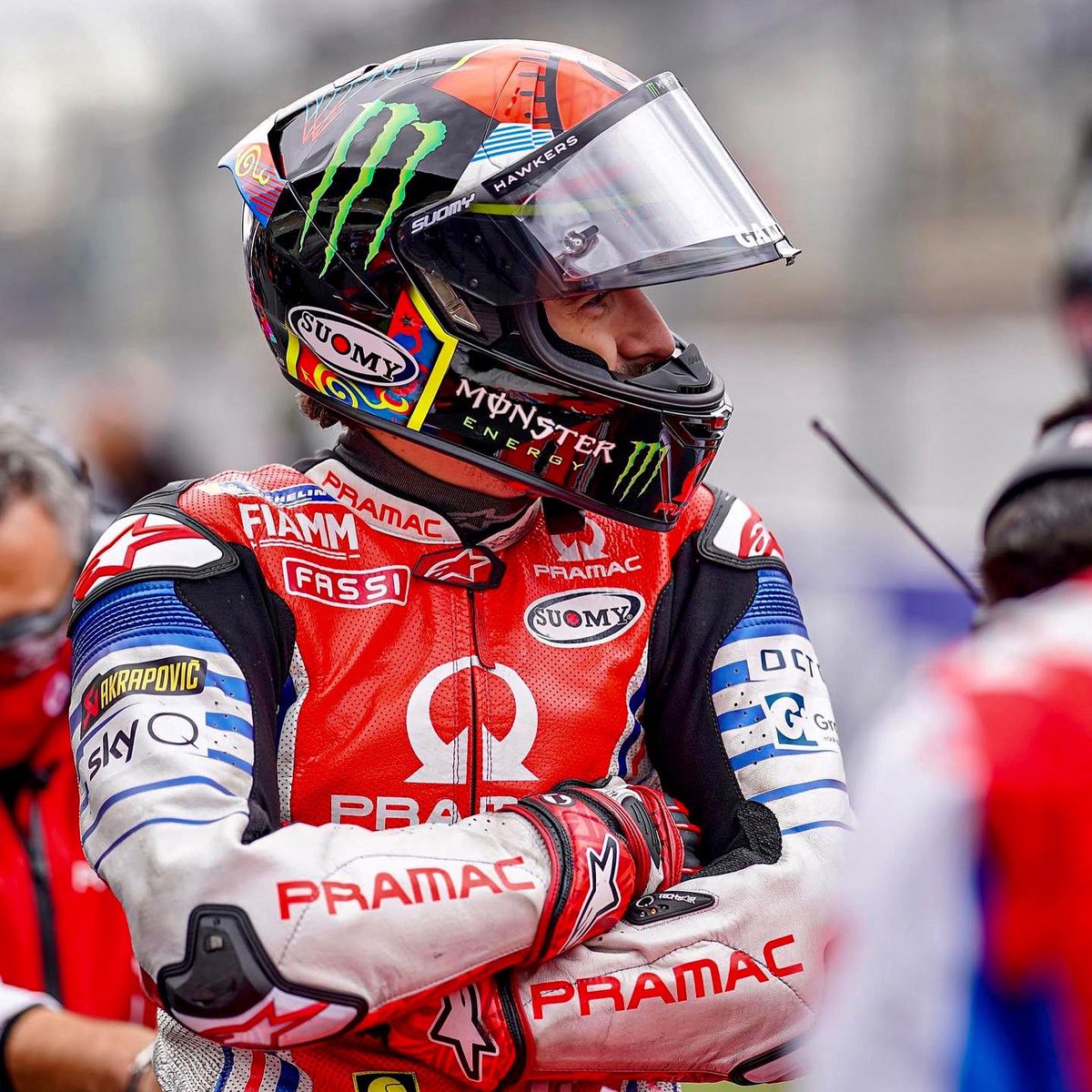 PeccoBagnaia's tweet photo. Le Mans race day. 

Today my only “GoFree” is: We will back on track in one week 🙌🏻. 

@pramacracing @ducaticorse @VRRidersAcademy @MonsterEnergy @HawkersCo @SuomyOfficial @alpinestars https://t.co/6GVxe3F7iJ