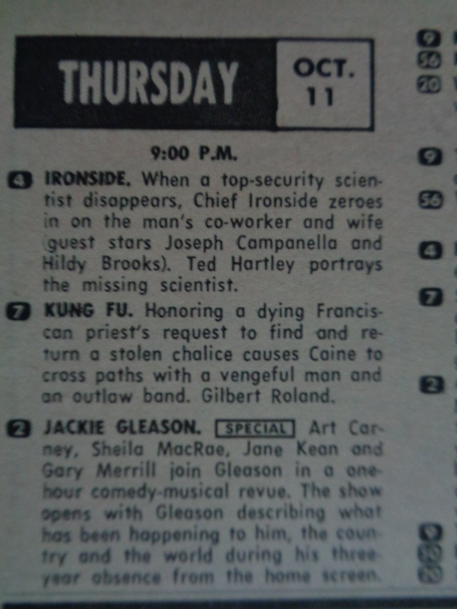 Today's TV Listing of Yore:  On this day in 1973 at 9PM EST, NBC aired 'Ironside;' ABC aired 'Kung Fu' and CBS aired a Jackie Gleason special.   #JackieGleason