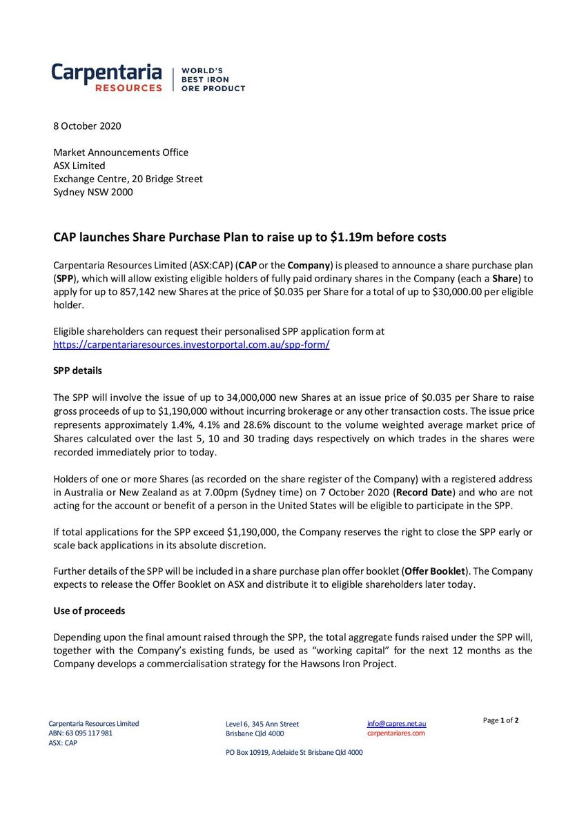 CARPRESOURCES's tweet photo. Carpentaria Resources $CAP has launched a Share Purchase Plan to raise up to $1.19 million at 3.5 cents per share to be used as ‘working capital’ for the Hawsons Iron Project development.

View here: https://t.co/BkIUSjB7C0 https://t.co/9htdOQkQWO
