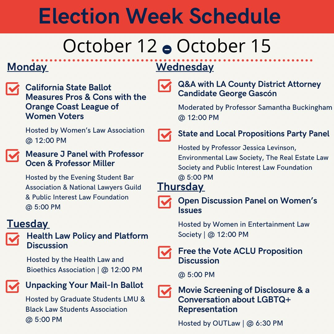 LoyolaLawSchool's tweet photo. Join LLS Votes for Election Week 2020!
Various LLS student organizations have collaborated to plan this important week of dialogue, discussion and action around the 2020 Election.
Learn more about this week's events and RSVP: https://t.co/PolOZHxT5F #LLSTogether #Election2020 https://t.co/c0vvyv4tlS