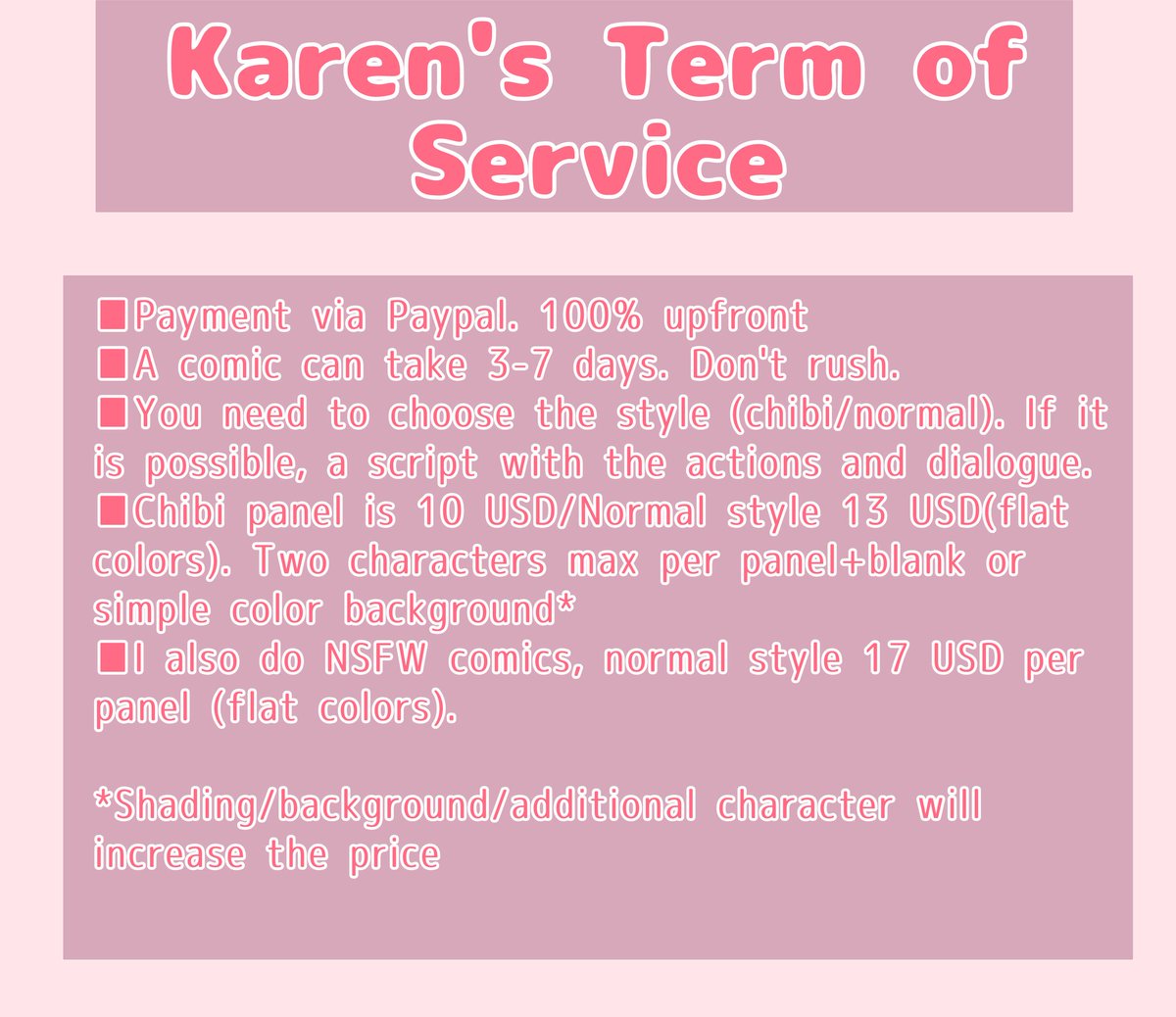 Ka_0896's tweet photo. Karen's comics services are open!
Do you have a funny/interesting idea and you dont have time to draw or can't draw? Just contact me 👀💦 haha (I feel like an advertising girl 😆)
Send me a DM for any additional inquiry! #commisionsopen #commission #commissioncomic https://t.co/PGofNLy31z