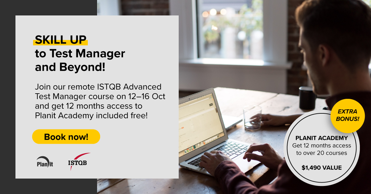 PlanitTesting's tweet image. Aiming to become a #testmanager? Join our remote @ISTQBORG #AdvancedTestManager course on 12–16 October to get 12 months free access to our library of 20+ elearning courses, valued at $1,490.

Sign up now to take your career to the next level: planittesting.com/training/istqb…