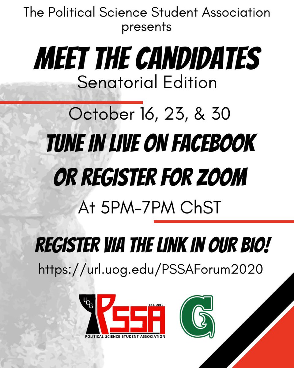 uog_pssa's tweet photo. Håfa Adai, todus hamyo’! 
4 more days until PSSA’s 2020 Senatorial Forum! Tune in on Zoom or Facebook Live. Register with the link below. See you there!

https://t.co/e51B3rIM4f https://t.co/UZLgEAEHu3