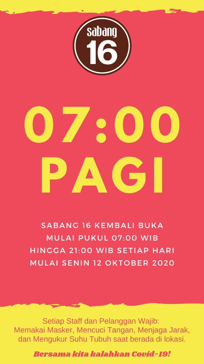 Yuk kita disiplin Protokol Kesehatan sambil menikmati Kopi dan Kaya Toast terbaik di Jakarta!

Kami kembali buka hari ini, mulai pukul 7 pagi sampai 9 malam dengan kapasitas max 50%.

Atau tetap di rumah, dan order melaui GoFood / GrabFood ☕️🍞