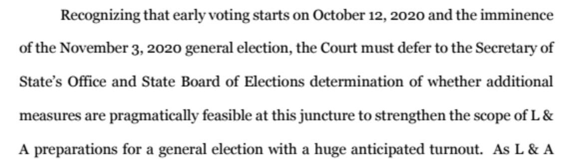 I agree that this is Groundhog Day--another day, another court deferring to the state legislature and state election officials on the voting process.  https://twitter.com/JoshuaADouglas/status/1315464387386376193
