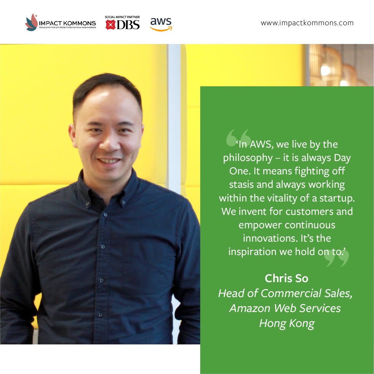 We are excited to announce Amazon Web Services as a strategic sponsor of our Impact Kommons program!

#technology #sustainability #socialimpact #future #green #UNSDGs #corporateinnovation #impactkommons #eurekanova #tech #startup #NewWorldDevelopment #DBS #AWS