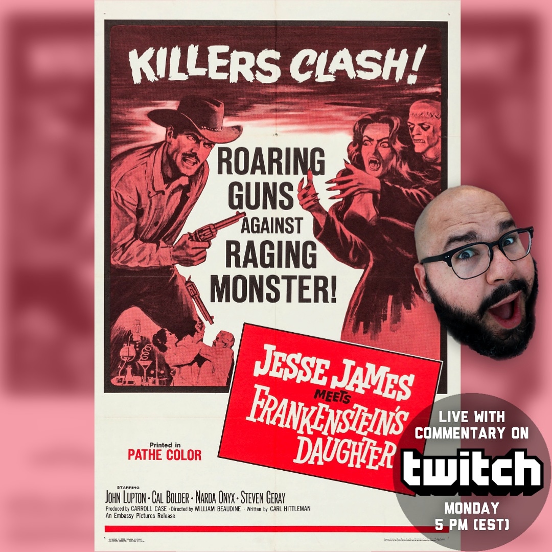 logandonahoo's tweet photo. What NEW horrors will be awakend by prarie lightning?! 
⚡ 😱 ⚡
Find out! 🍿 Monday @ 5pm (EST) in 
"Jesse James Meets Frankenstein's Daughter" 
(1966) // LIVE on Twitch: https://t.co/iXcWuUGSpx
***
🎬❤️🖥️
#cultmovies #cultfilm #bmovies #livestream #twitch #twitchstreamer https://t.co/6Ss36PYixK