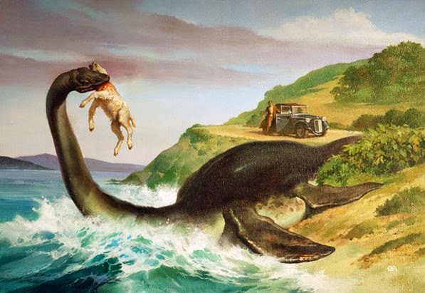 Common in these works is the idea that the sea monsters and other creatures endorsed by  #cryptozoology are animals belonging to lineages otherwise known only as fossils. I’ve called this the Prehistoric Survivor Paradigm (or PSP) (art by Gino D'Achille)...