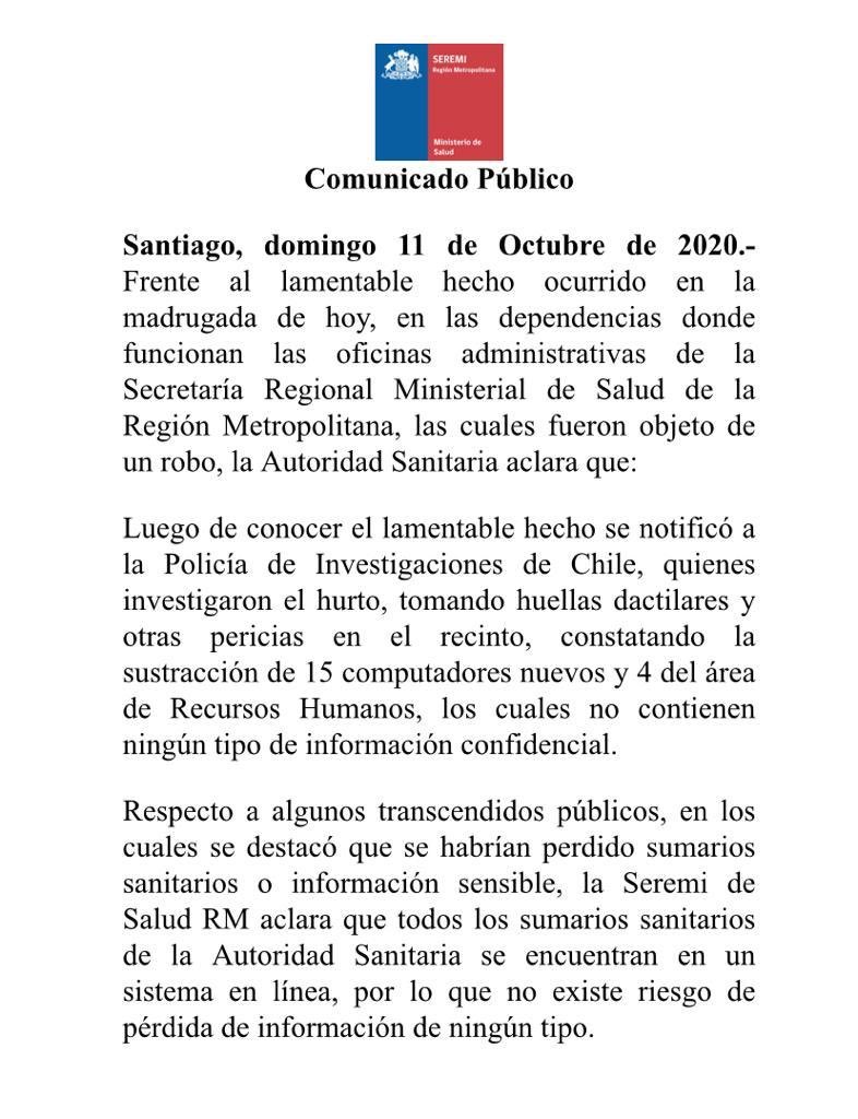 SeremiSaludRM's tweet photo. Comunicado público #seremisaludrm https://t.co/4snn5tKtzd