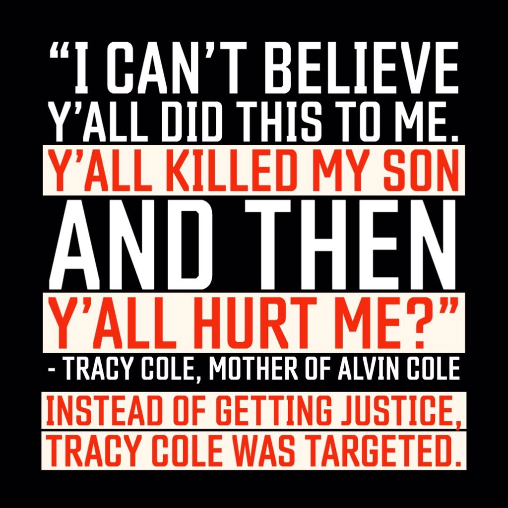 Gather4Justice's tweet photo. Tracy Cole has spoken up to get justice for her 17-yo son #AlvinCole. In response, she was assaulted by police in #Wauwatosa, WI
The officer who killed her son & others is currently on paid leave from the Wauwatosa Police Dept
Stay in the streets & stay tuned for more actions. https://t.co/kkWg6TFmvx