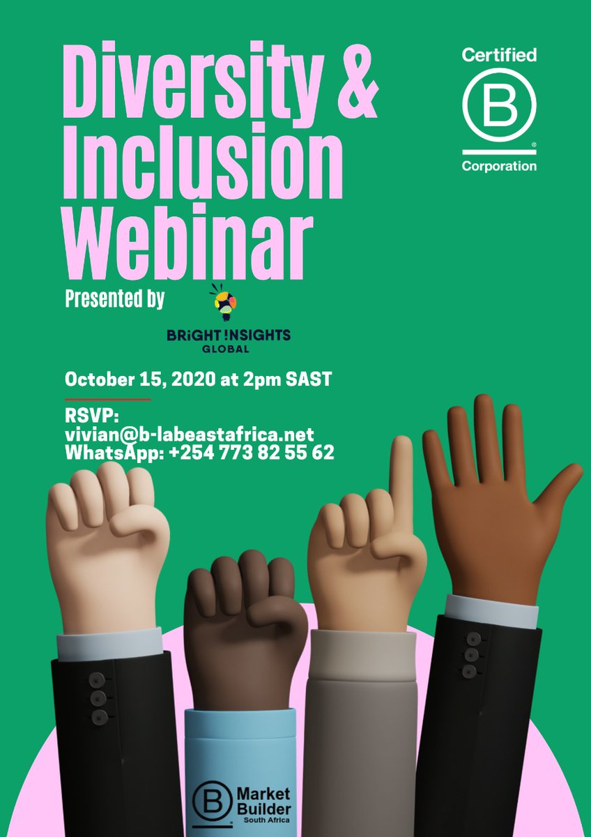 We are thrilled to be hosting a webinar on Diversity and Inclusion with our partners @BLabSouthAfrica on 15th at 2pm SAST.

If you are a social enterprise creating value for your stakeholders, then this is the webinar for you.

RSVP so you don't miss out.