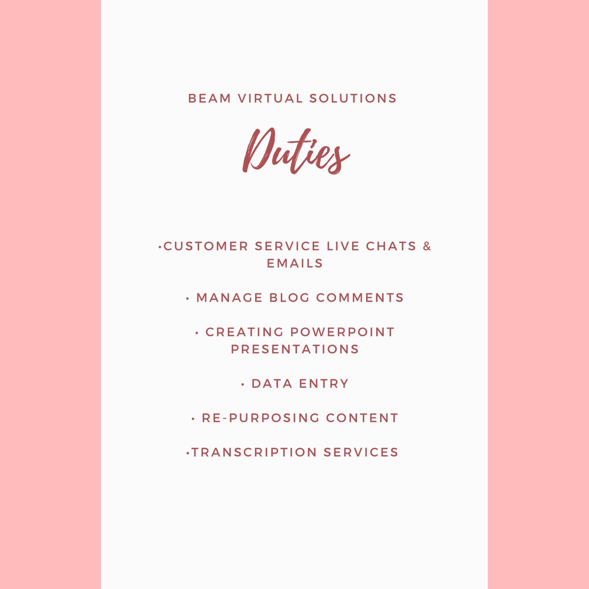 Need help with admin duties? 

Enquire now! 
beamvirtualsolutions.com

#virtualassistant #admin #administrativeduties