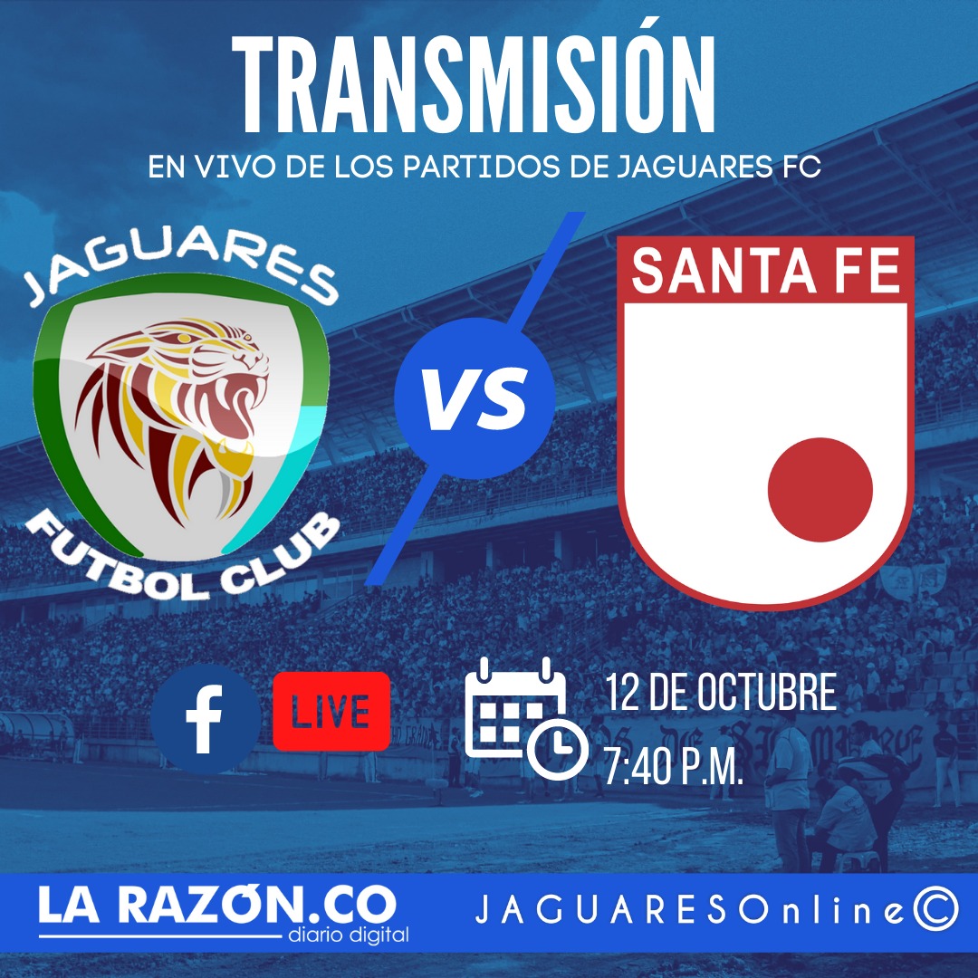 Este lunes, no se pierdan la transmisión en #vivo e interactiva del partido entre #Jaguares y #SantaFe.

Alianza entre <a href="/LaRazonCo/">LA RAZÓN. CO</a>, @JaguaresOnline_ y <a href="/ELMontemariano/">Diario El Montemariano</a> 

Con la narración de <a href="/rezaandres/">Andrés Arturo Reza Cordero</a> y los comentarios de <a href="/Melanie_Wanke/">Melanie Wanke</a> y <a href="/mateolenesg/">mateolenesg</a>