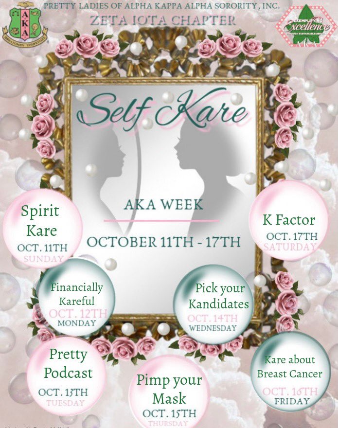 It is so important to take time for yourself and find clarity. The most important relationship is the one you have with yourself! Come tune in for a Virtual Experience! It’s AKA Week 💕💚

Be ready to Self Kare💕💚 #AKA1908 #AKA #AKACentralRegion