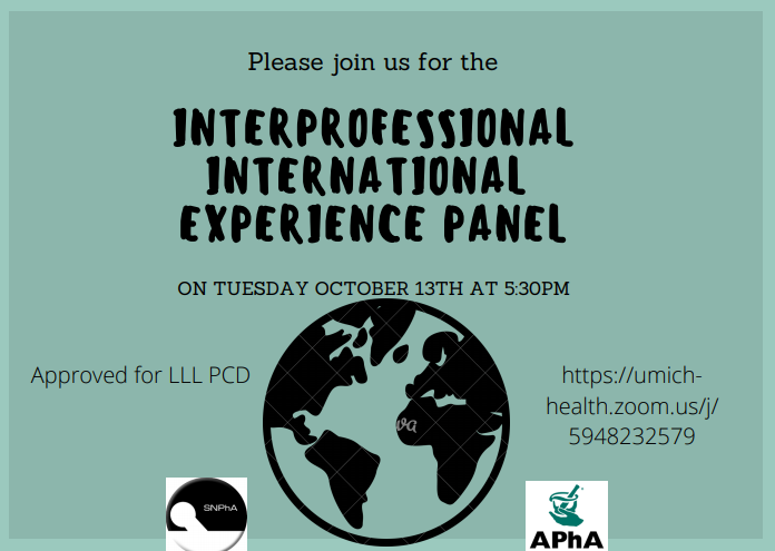 MichiganSNPhA's tweet photo. SNPhA Global Health and APhA-ASP are excited to bring back the Annual International Experience Panel.  Please join us on Tuesday, October 13th from 5:30PM- 6:30PM for an interesting panel and fun!

Zoom link: https://t.co/wqEcXaaQrU

#snpha
#ourjourneycontinues
#snpharegion3 https://t.co/XU07CPQWIA
