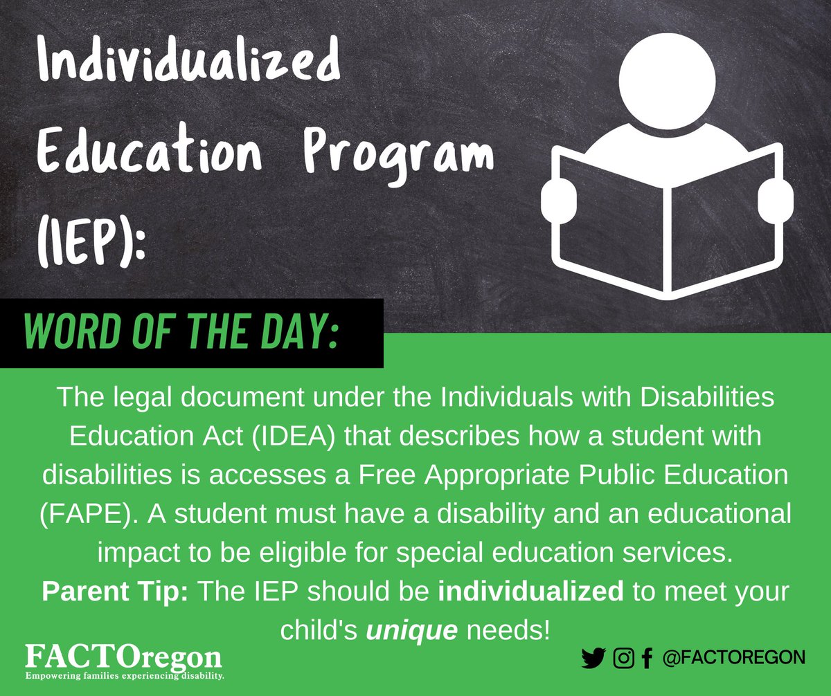 FACTOregon's tweet photo. #WordoftheDay
Individualized Education Program (IEP). The IEP is the legal document that describes how your child is receiving a Free Appropriate Public Education (FAPE)
Parent Tip: Keep the 'I' in the Individualized Education Program (IEP). #FACTOregon #EquippingFamilies https://t.co/fOhAS9ugSZ