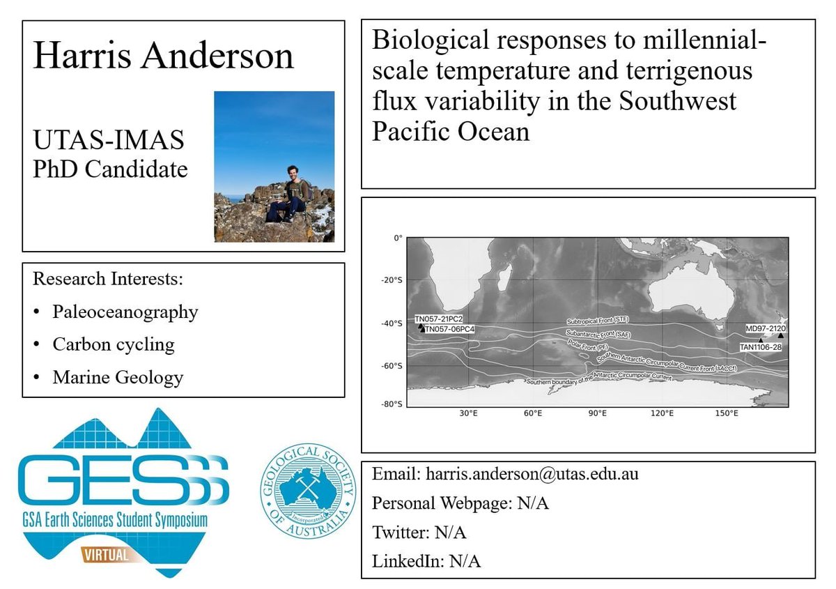 GesssTas's tweet photo. The next presenter is PhD student Harris Anderson! Harris will present his talk titled 'Biological responses to millennial-scale temperature and terrigenous flux variability in the Southwest Pacific Ocean'
GESSS-TAS is on Tuesday October 13th, 5:00-7:30pm!#VirtualGESSS https://t.co/Xcyzwaj3BX