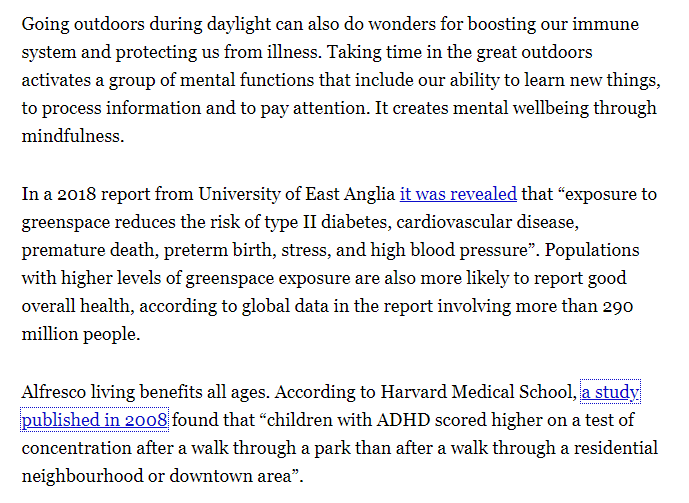 The factoids in this piece are mostly concentrated into these three paragraphs. Let's start with the first. Multiple claims with no evidence provided, but everything sounds great (boosting our immune system, mental wellbeing, mindfulness), so I guess we don't need citations. /2