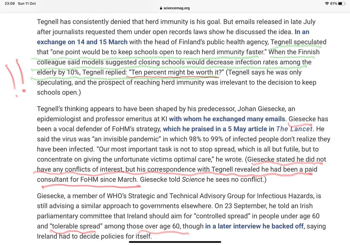 Every time I see that Tegnell email I shudder.On hearing closing schools could reduce infection in the elderly by 10% he replied “10% might be worth it?”His colleague & predecessor Giesecke supported him advocating “Controlled spread” “tolerable spread” Tolerable to whom?