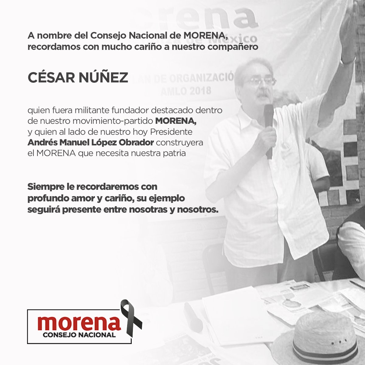 A nombre del <a href="/ConsejoMorenaMX/">Consejo Nacional Morena</a> la C.P. <a href="/BerthaLujanMx/">Bertha Luján Uranga</a> envía un saludo a compañeros y compañeras, familiares y seres queridos de nuestro destacado militante fundador de #MORENA, César Núñez por su sensible fallecimiento. 

Su ejemplo siempre estará presente entre nosotras.
