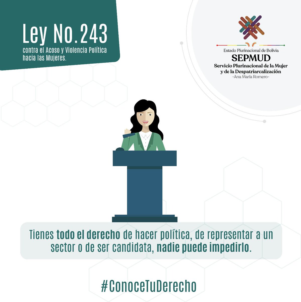 JusticiaBol's tweet image. 🟣 #ConoceTuDerecho 🟣

Ley No. 243 contra el acoso y violencia política hacia las mujeres.

#DíaDeLaMujerBoliviana
#Ley243