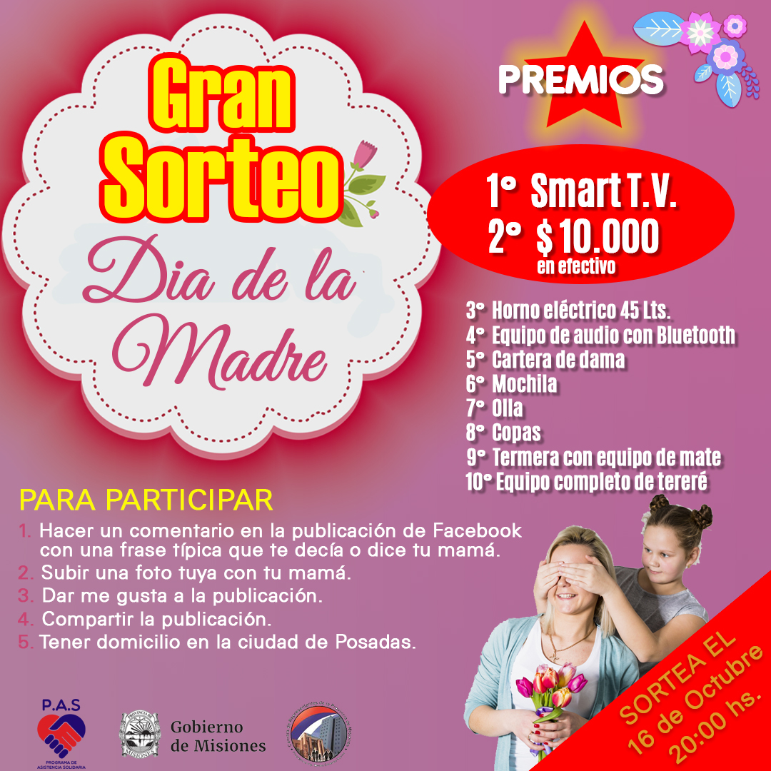 PASPosadas's tweet photo. Super Sorteo Día de la Madre con el P.A.S. 

¡ SE ACERCA EL DIA !   PARTICIPA   ¡NO TE QUEDES AFUERA !
*Concurso finaliza el 15 de Octubre 2020 a las 12:00 hs

Entrá al siguiente enlace y participá
https://t.co/0mnFPQJAxB https://t.co/gsNZITgUMr