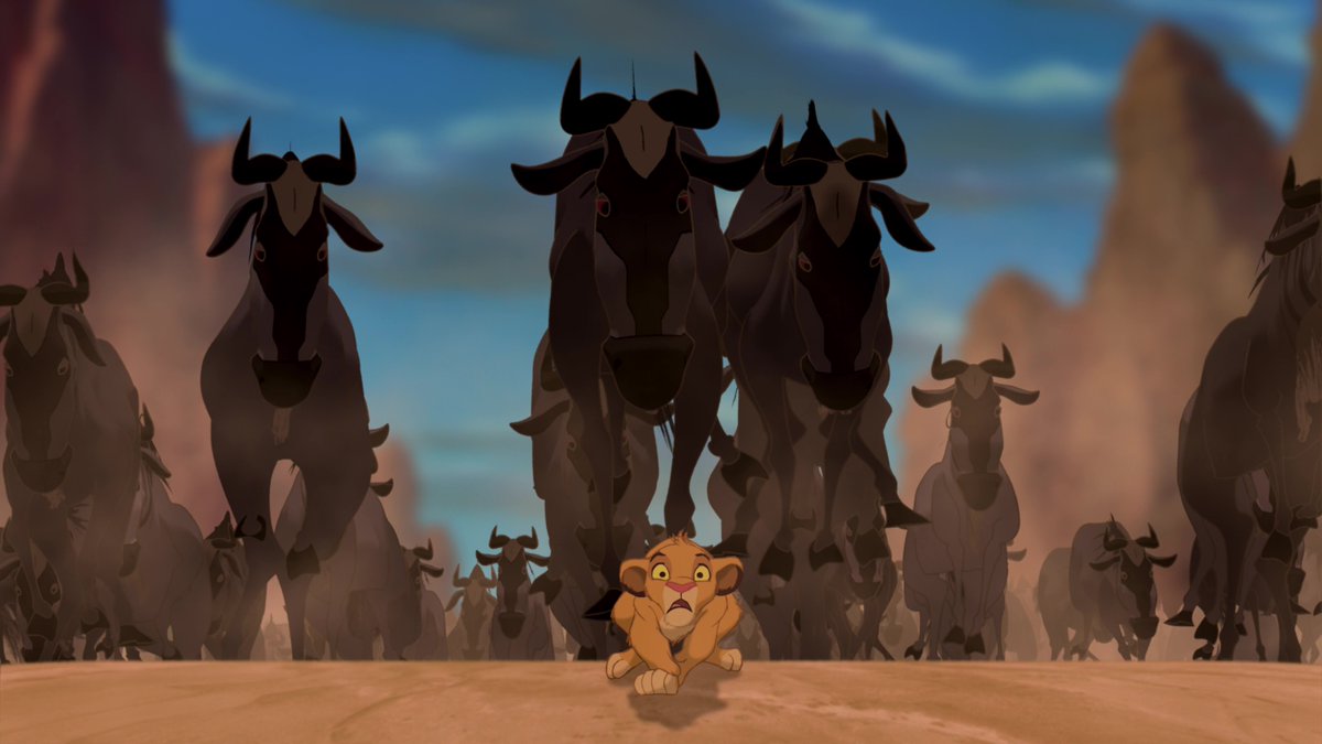 The wildebeest stampede sequence in the 1994 version took 3 years to animate from what I've read, and it shows. It's intense, breathtaking and cinematically gigantic in scale. It's a masterful scene with a tragic payoff in Mufasa's death and Simba running away out of grief.
