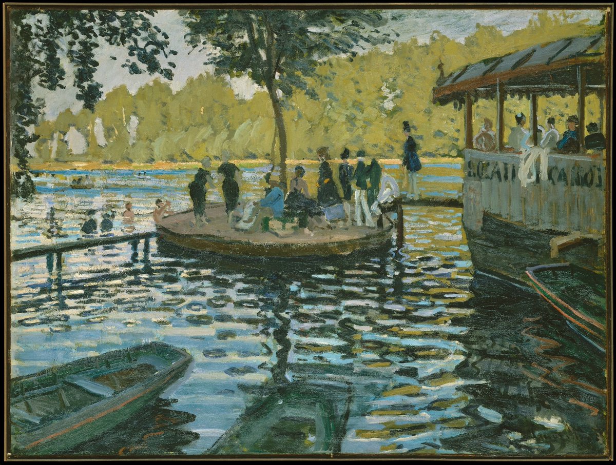 Claude Monet, in collaboration with other impressionists, developed a series of techniques over the years to handle light on water.In an early painting, Monet experimented with short comma-like brushstrokes and sharp contrasting colors to capture light on ripples of water.