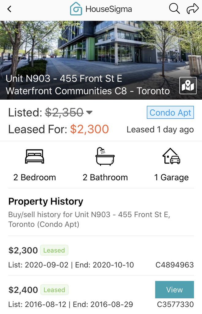 The Latest in Toronto RentsThis 2 bd 830/sqft condo was just leased for $100/month below the 2016 rented price!Rent is $2.77/sqft - parking & locker includedA ~5 yr rollback in rents25-30% drops in rents from peak no longer outliers & becoming much more frequent  #cdnecon