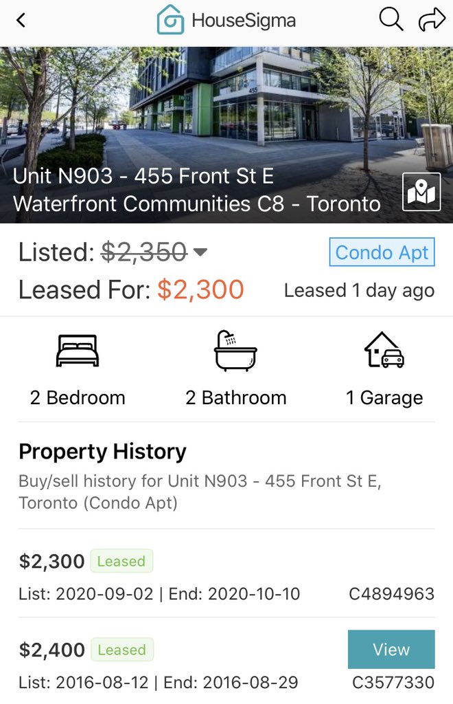 The Latest in Toronto RentsThis 2 bd 830/sqft condo was just leased for $100/month below the 2016 rented price!Rent is $2.77/sqft - parking & locker includedA ~5 yr rollback in rents25-30% drops in rents from peak no longer outliers & becoming much more frequent #cdnecon