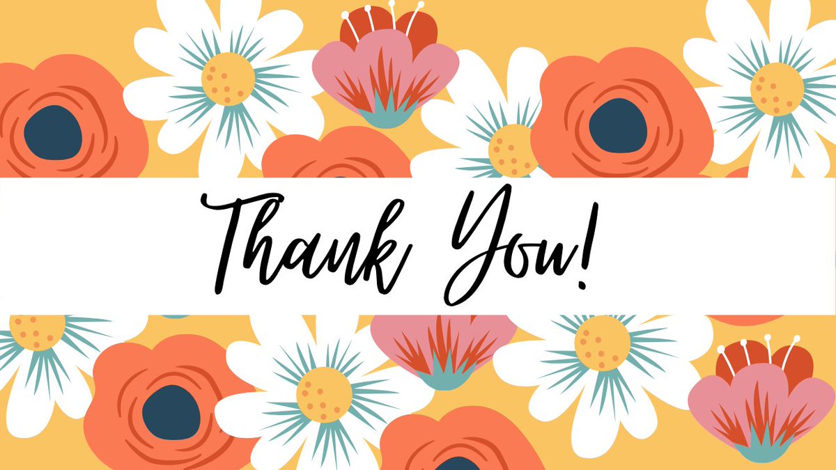 Light orange background, sunflowers and tulips. White bar in the middle with cursive text: Thank You!