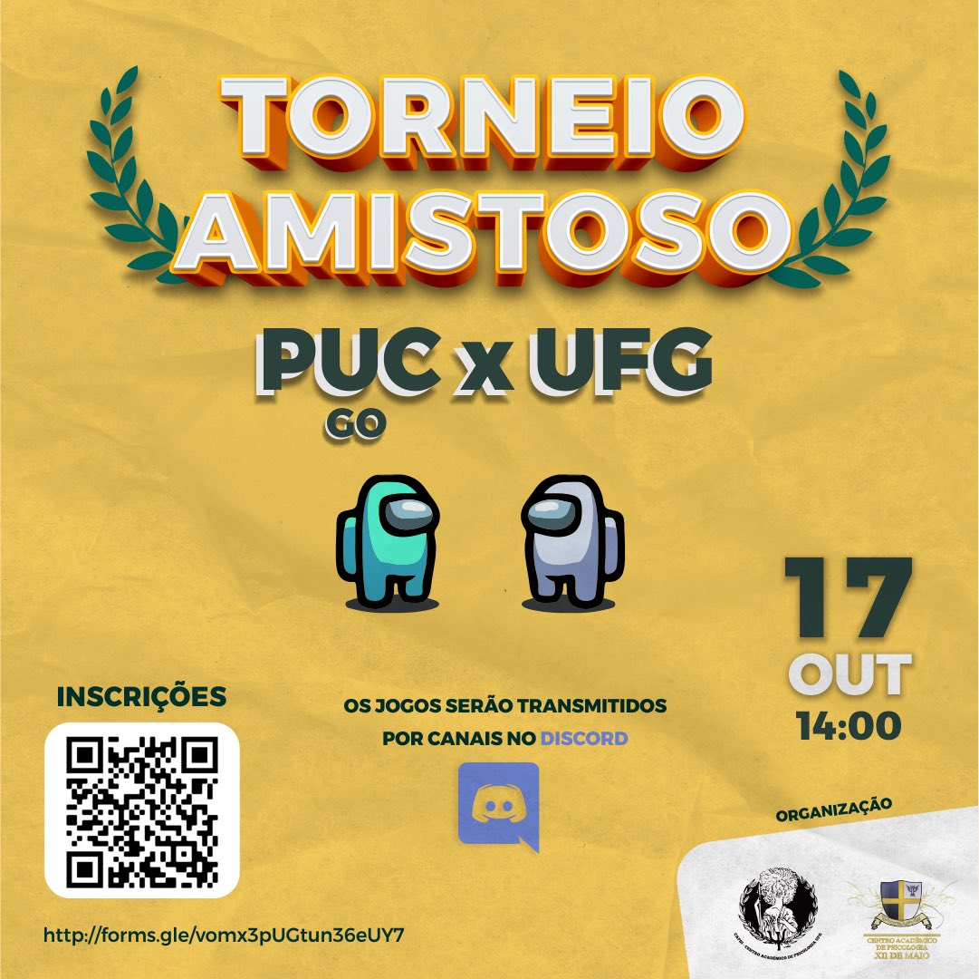 Eaiii pessoal tem torneio avista contra a UFG!

Só não vale perder a amizade ser voce for morto pelo impostor ou pega  o +4 no uno, brincadeiras a aparte vem fazer sua inscrição! 

link: forms.gle/vomx3pUGtun36e…