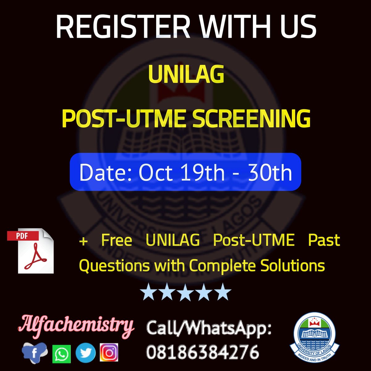 alfachemistry's tweet photo. For a swift, fast and secured UNILAG Post-UTME Screening, register with us.
Call/Whatsapp: 08186384276
#Unilag #Postutmescreening
#UnilagPostUtme
#postjamb https://t.co/hKRlfjQcdF