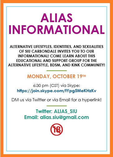 ALIAS_SIU's tweet photo. Were you interested in learning more about ALIAS but missed our September Informational? ๐ค Don't fret! We're having a second Informational on Monday 10/19 at 6:30pm CST! ๐ Contact us via Twitter or via Email for a hyperlink! ๐จ #SIU #SIUC #SIUGetInvolved #Salukis #ThisIsSIU https://t.co/1L7uhjd95a