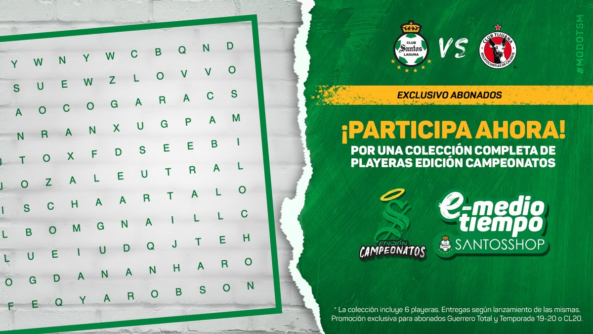 TSMoficial's tweet photo. ¡Llega el e-medio tiempo por https://t.co/QOXaIB1bIo 😎!
#AbonadoGuerrero responde la #TriviaGuerrera con ayuda de la sopa de letras, y participa por la colección completa de las 6 playeras edición CAMPEONATOS 🏆
Da clic aquí 👉 https://t.co/yjD7ogB9qD
#ModoGuerrero 🇳🇬⚔ https://t.co/ictxCt4OQf
