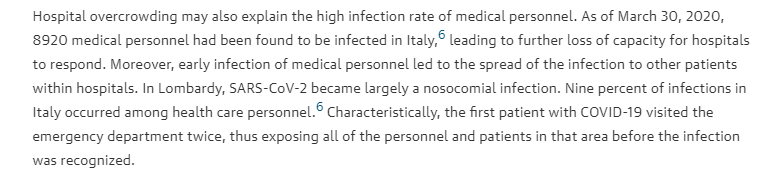 17/n For example, the claim that "many deaths" in Lombardy were due to nosocomial (acquired though healthcare) infections is referenced back to the same April commentary as before, which itself actually suggests that hospital overcrowding was to blame