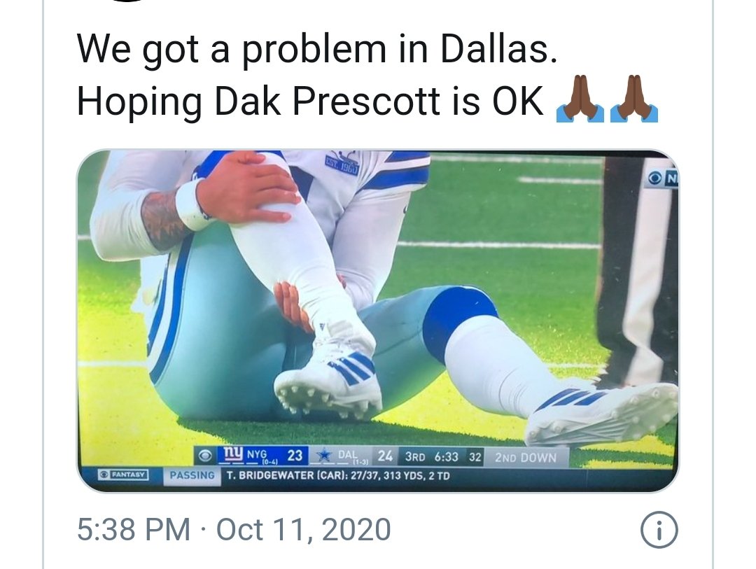 MsCassity's tweet photo. This was heartbreaking to see... @dak we're all with you! Wish you a safe &amp; speedy recovery #ourQuarterback #DallasCowboys #DakPrescott https://t.co/cYIotQbfob