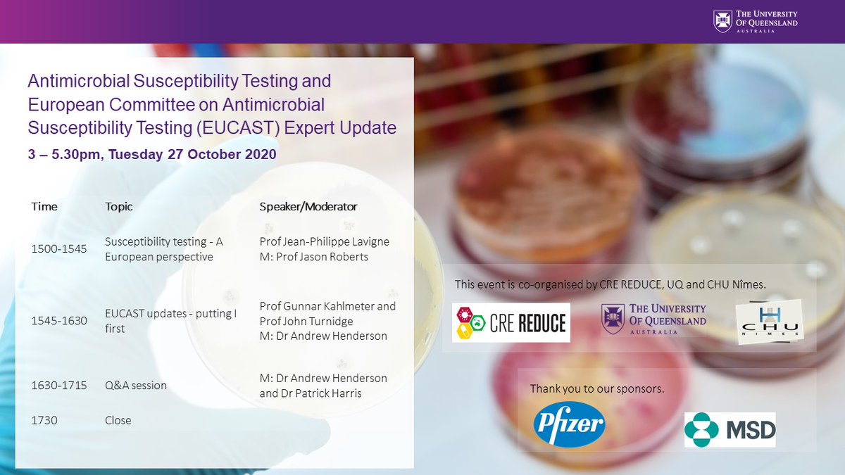 Join Jason Roberts, Andrew Henderson, Jean-Philippe Lavigne, Gunnar Kahlmeter &amp; John Turnidge for a webinar on antimicrobial susceptibility testing &amp; hear from experts on the European Committee on AST (EUCAST). Please register here bit.ly/3dfGquY