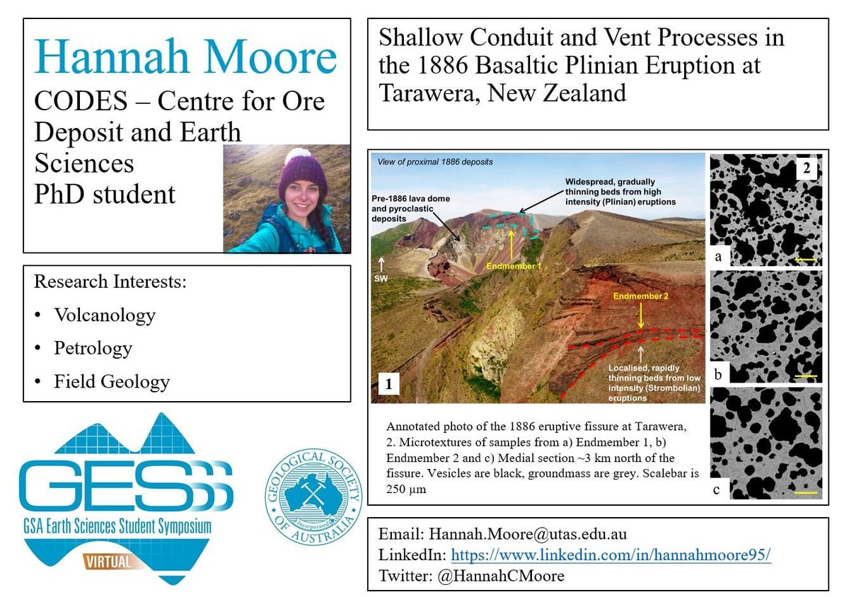 GesssTas's tweet photo. Next, our very own GESSS committee member and PhD student Hannah Moore! Hannah will present her talk titled 'Shallow conduit and vent processes involved in the 1886 basaltic Plinian eruption at Tarawera, New Zealand' 🌋#VirtualGESSS 
Register here: https://t.co/Yr0CkzdkHV https://t.co/R1g76USR39