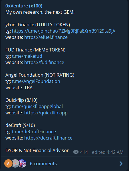 ph_futures's tweet photo. People hating on @cryptofrog202 when he's just looking out for you. YFUEL dev was shilling deCRAFT early when they had only 10 tg members. This was from October 2nd

$CRAFT https://t.co/Ze2DzSvYy1