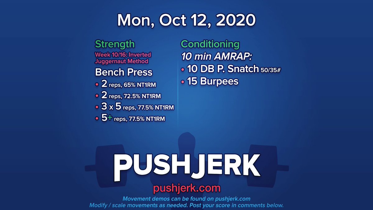 PushJerk's tweet photo. Mon, Oct 12, 2020 • https://t.co/46IJmcscNo
#garagegym #homegym #crossfit #wod 🗓 #juggernaut 🗿 #benchpress 💪 #dbsnatch ✊️ #burpees ❤️ https://t.co/WIm8jmNgGr
