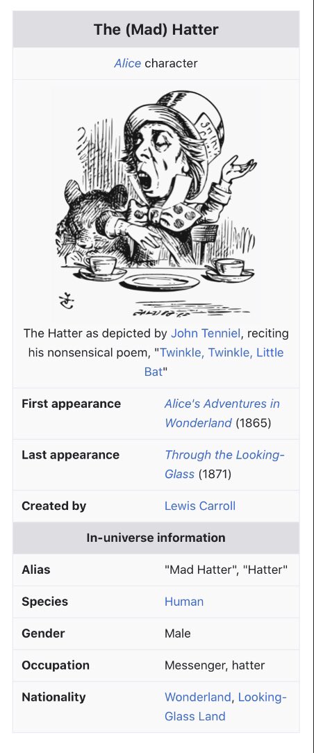 So back to Lee Keltner.The Hatter was never described as “mad” by Lewis Carroll. He does, however, hold the in-universe occupation of “messenger.”The occupation of the hatter along with the 10:10 on the shooter’s watch make this curiouser and curiouser...