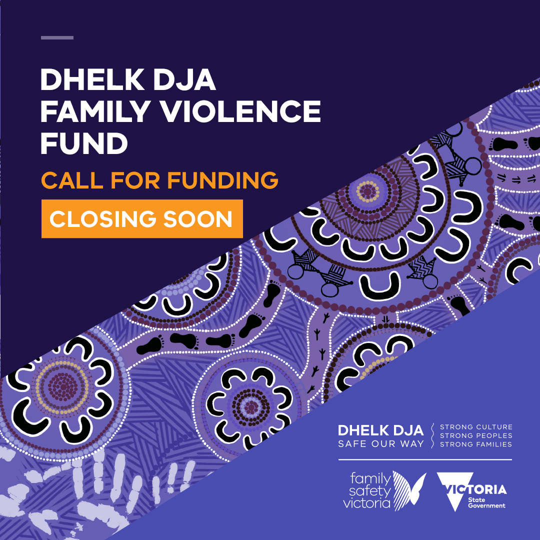 FamilySafetyVic's tweet photo. There are 2 weeks to go to submit your application for the Dhelk Dja Family Violence Fund. Applications close on 26 October for eligible Aboriginal organisations &amp; community groups. To apply or find out more https://t.co/lfZOkLS5gw https://t.co/XlEL1NENZL