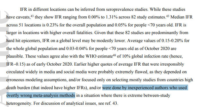 35/n Oh also, on another note, given the relatively few meta-studies on COVID-19 IFR, it appears that the authors that Ioannidis here describes as "inexperienced" and "overtly wrong" are me and  @LeaMerone Academic civility!