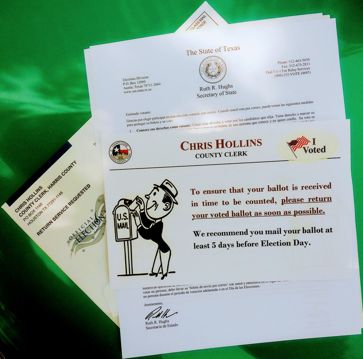 2.  #Election2020    #Thread In this  #HarrisCounty  #Texas example, a ballot was requested. It arrived in 4 days & votes mailed back immediately (2 stamps). 5 days later, received  #CentralCount & scanned. A large room of people will compare signatures & cast vote starting Oct 14th.