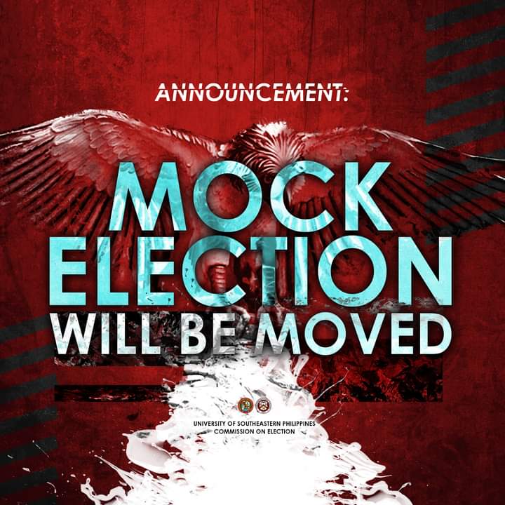 ComelecUsep's tweet photo. ANNOUNCEMENT | mock election will be moved indefinitely.

Full details: https://t.co/bAAMfwXoVm https://t.co/362w12uwLP