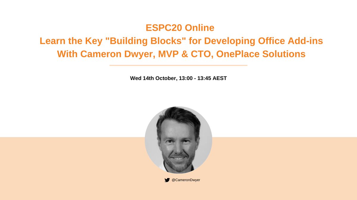 OnePlaceSol's tweet image. Our CTO &amp;amp; MVP @CameronDwyer will be at #ESPC20 talking all about the Key &quot;Building Blocks&quot; for Developing Office Add-ins learn more bit.ly/2SLivKp #Addins #Microsoft365Developer @EuropeanSP