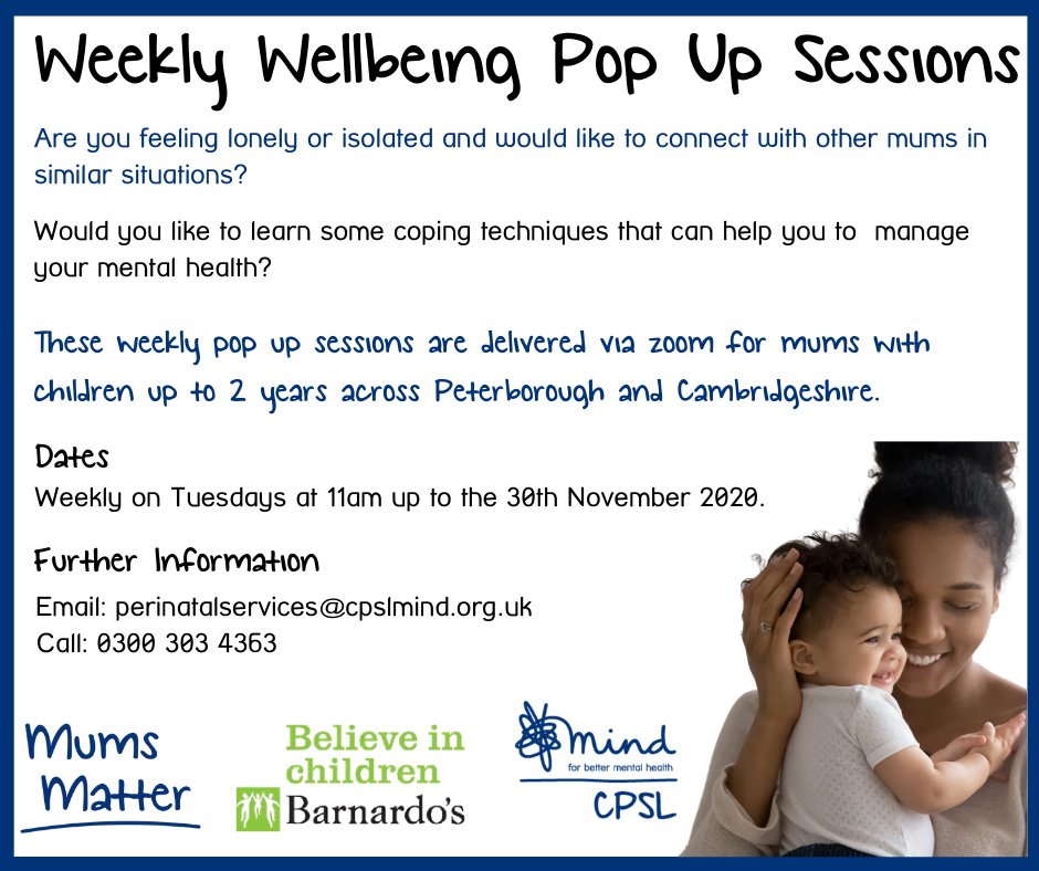CambsPboroCYP's tweet photo. Remember to check out these weekly Wellbeing pop up sessions for mums with children up to 2 years old, across #Cambs and #Peterborough.💙 @CPFT_NHS #CCSTopTips https://t.co/V8Vr0r56Md