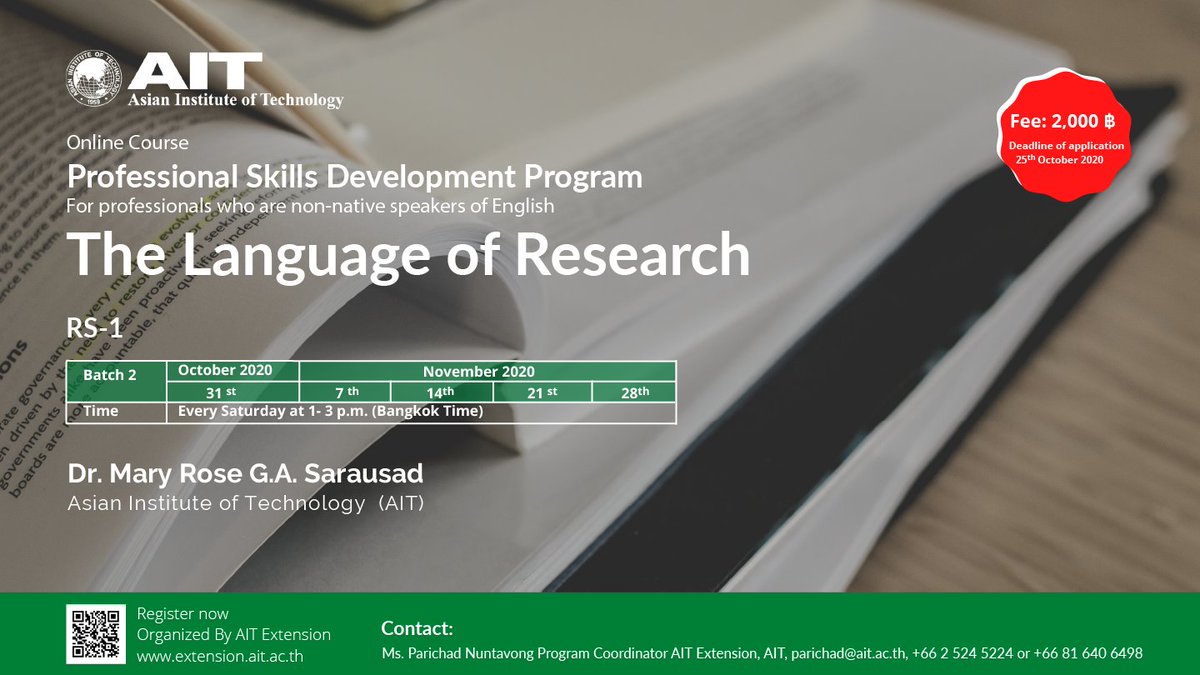 aitextension's tweet image. Would you like to learn how to use English for research? Do not hesitate to improve your research writing skills. 
Register now at extension.ait.ac.th/course/1108
#englishforresearch #researchwriting #englishforwork #englishgrammar #englishlanguage #englishforpublication #thesiswriting